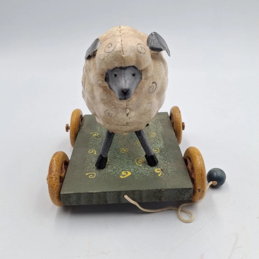 Primitive Folk Art Sheep Pull Toy Figurine Vintage Style Lamb on Wheels Decor
